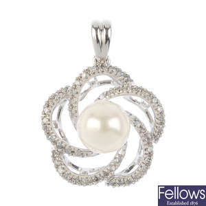 Three 9ct gold diamond and cultured pearl pendants.