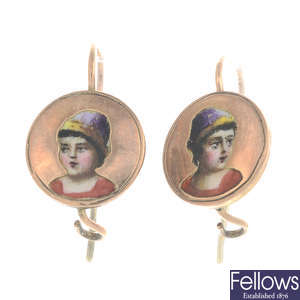 Two pairs of late 19th century gold and enamel earrings.