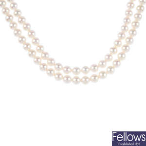 Two cultured pearl two-strand necklaces.