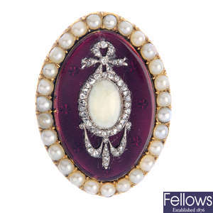 An enamel, diamond and split pearl brooch.
