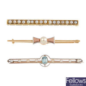 Three early 20th century gold cultured pearl bar brooches.