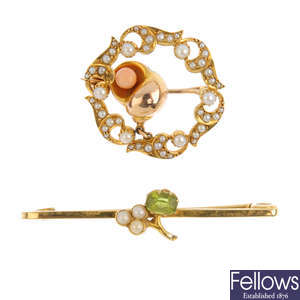 Two gem-set and pearl brooches.