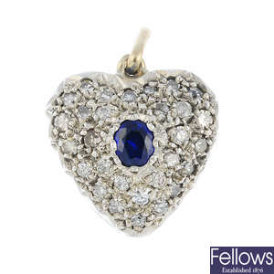 A mid 20th century 9ct gold sapphire and diamond heart pendant.