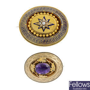 Two late Victorian gold gem-set brooches.
