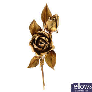 A mid 20th century 18ct gold rose brooch.
