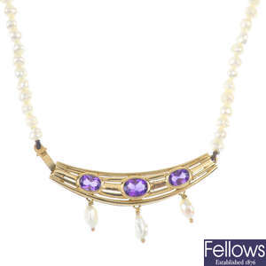 An amethyst and cultured pearl necklace.