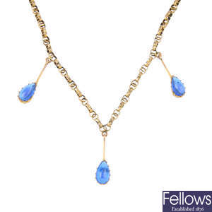 A 9ct gold blue-gem necklace.
