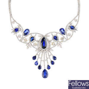 A synthetic sapphire and diamond necklace.