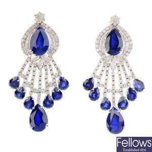 A pair of synthetic sapphire and diamond earrings. 
