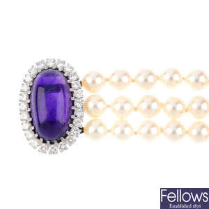 A cultured pearl, amethyst and diamond bracelet.