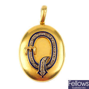 A late Victorian gold diamond and enamel locket.