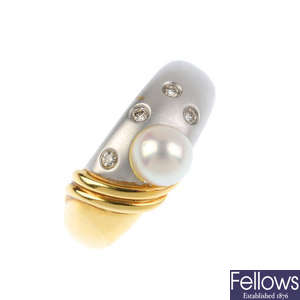An 18ct gold cultured pearl and diamond dress ring.