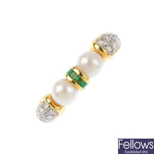 An emerald, diamond and cultured pearl ring. 