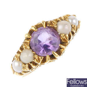 An Edwardian 18ct gold amethyst and cultured pearl dress ring.