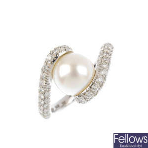 MIKIMOTO - a cultured pearl and diamond dress ring. 