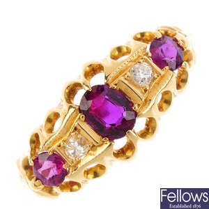 An early 20th century 18ct gold diamond and ruby dress ring.