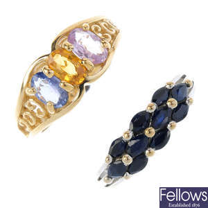 Five 9ct gold sapphire dress rings.