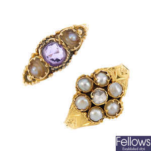 Three late 19th century gold split pearl and gem-set dress rings.