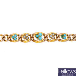 An early 20th century 9ct gold split-pearl and turquoise bracelet.