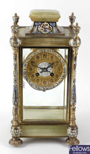 A 19th century French cloisonne enamel and green onyx mantel clock.