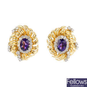 A pair of 18ct gold amethyst and diamond ear clips.