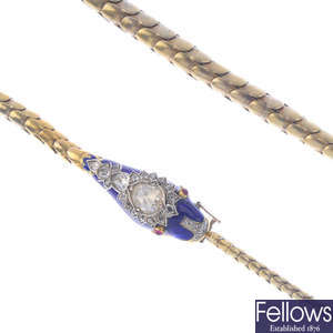 A mid Victorian enamel and diamond snake necklace.