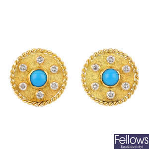 CARTIER - a pair of turquoise and diamond earrings.
