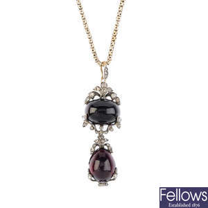 A garnet and diamond pendant, with chain.