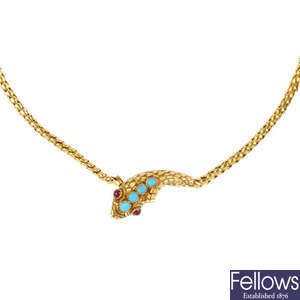 A mid Victorian gold gem-set snake necklace.