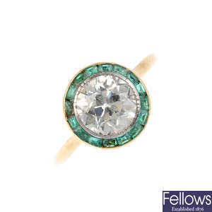 An Art Deco 18ct gold diamond and emerald dress ring.