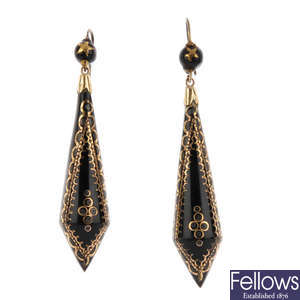 A pair of late 19th century tortoiseshell pique earrings.