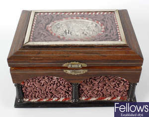 A late 19th century French rosewood cased table top sewing box.