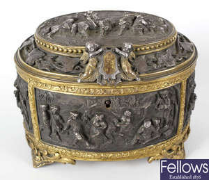A late 19th century French gilt metal and bronzed table casket.