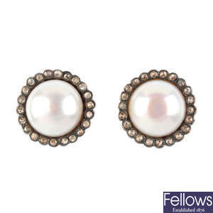 A pair of cultured pearl and diamond cluster earrings