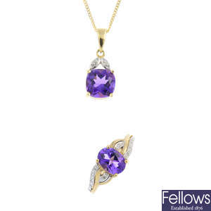 A selection of 9ct gold amethyst and diamond jewellery.