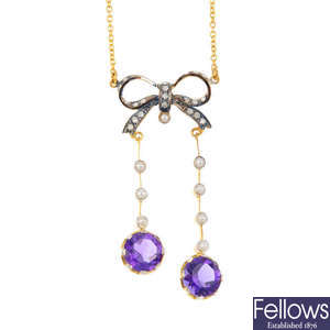 A amethyst and split pearl negligee pendant.