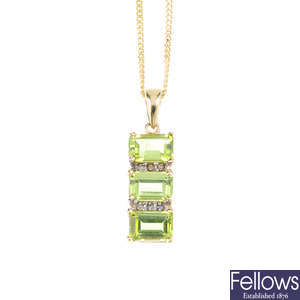 A 9ct gold diamond and peridot pendant, with chain.