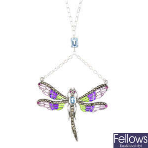 A gem-set and plique-a-jour enamel dragonfly brooch.