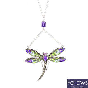 A gem-set and plique-a-jour enamel dragonfly necklace.