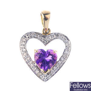 A 9ct gold amethyst and diamond pendant, with 9ct gold chain.