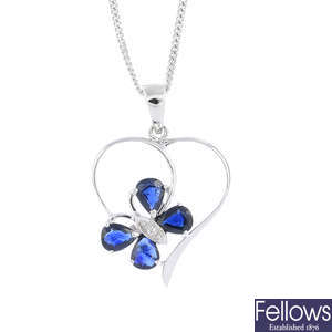 A 9ct gold diamond and sapphire  butterfly pendant, with chain.
