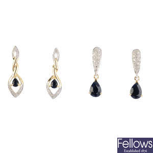 Three pairs of sapphire and diamond earrings.