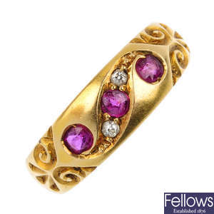 A late Victorian 18ct gold ruby and diamond three-stone ring.