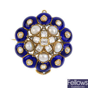 A late 19th century gold, enamel, pearl and diamond brooch.