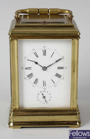 A good late 19th century lacquered brass gorge-cased repeating carriage clock with alarm.