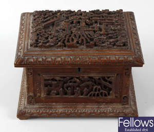 A Chinese Canton carved softwood jewellery box
