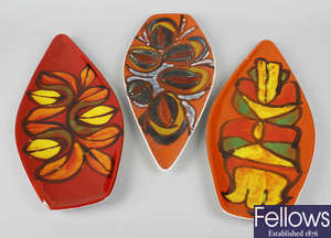 Three Poole pottery Delphis pattern spear shaped dishes.