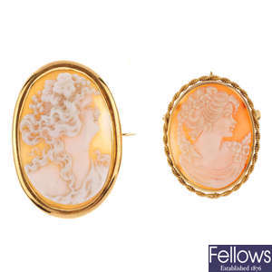 A gold cameo pendant and a gold plated cameo brooch.