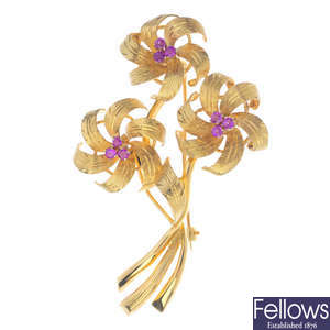 A 1960s 18ct gold ruby floral brooch.
