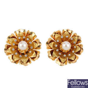 A pair of 14ct gold diamond cultured pearl diamond clip earrings.